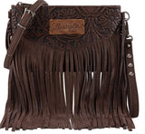 Wrangler Vintage Floral Tooled Collection Fringe Crossbody - Coffee