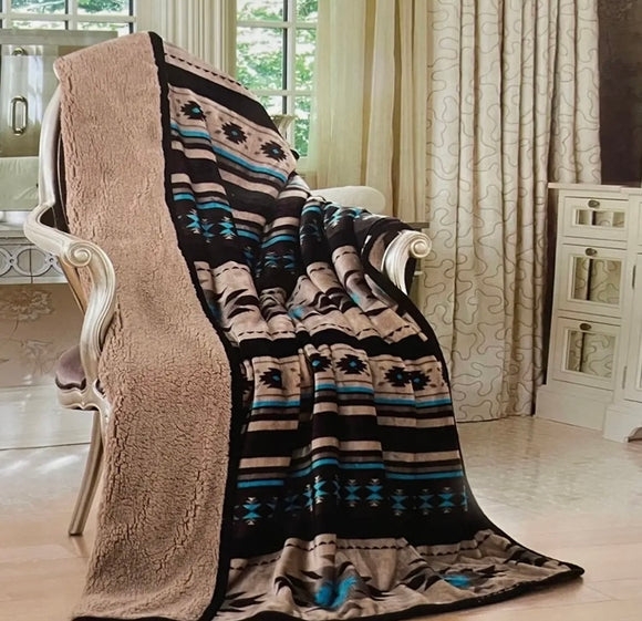 Turquoise Aztec Borrego Fleece Throw Blanket