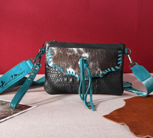 Montana West Hair-On Cowhide Croc Embossed Clutch/Crossbody Turquoise