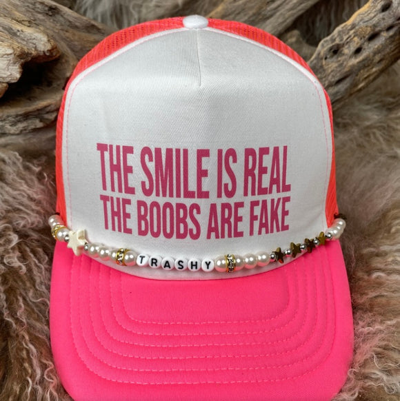 Trucker Ballcap With Beads 11 NeonPNKWHT The Smile Is Real The Boobs Are Fake