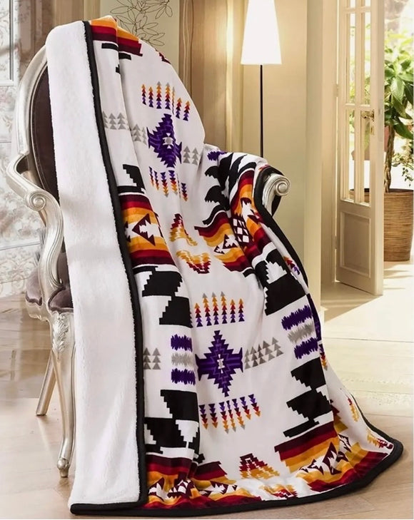 White Aztec Sherpa Borrego Throw Blanket