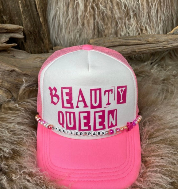 Trucker Hat With Beads 76NeonPinkWht Beauty Queen