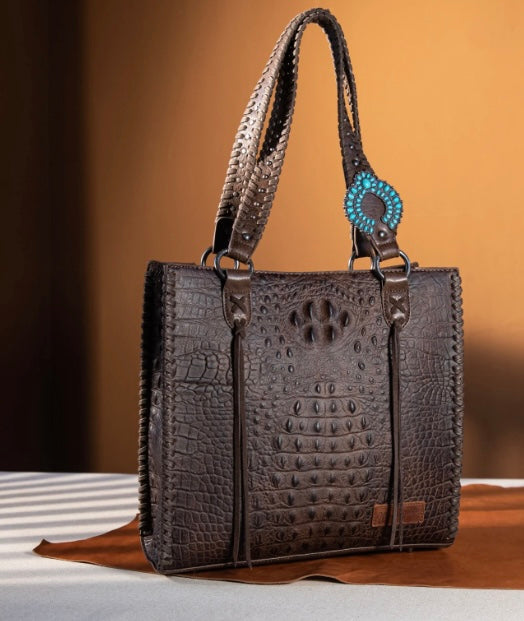 Wrangler Croc Embossed Whipstitch Concealed Carry Tote - Coffee