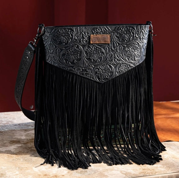 Wrangler Vintage Floral Embossed Fringe Concealed Carry Oversize Crossbody/Shoulder Bag - Black