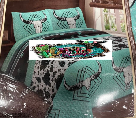 Turquoise Cow Skull Quilt Set
