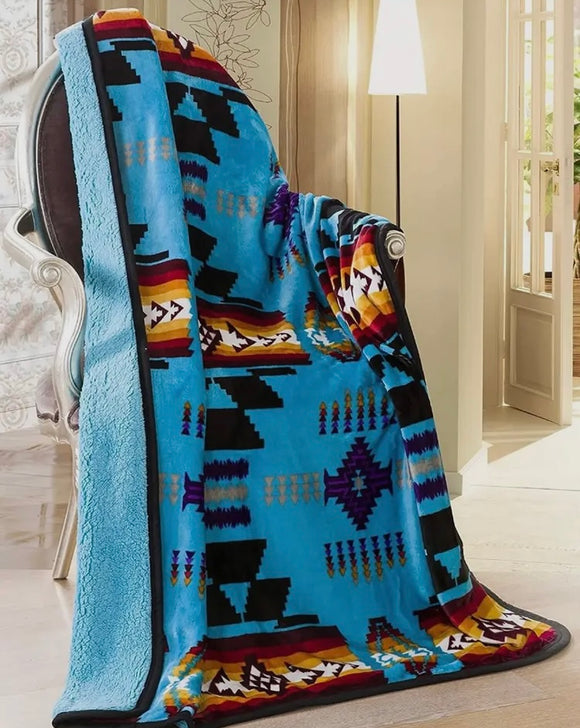 Blue Aztec Sherpa Throw Blanket