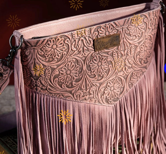 Wrangler Vintage Floral Embossed Fringe Concealed Carry Oversize Crossbody/Shoulder Bag - Peach