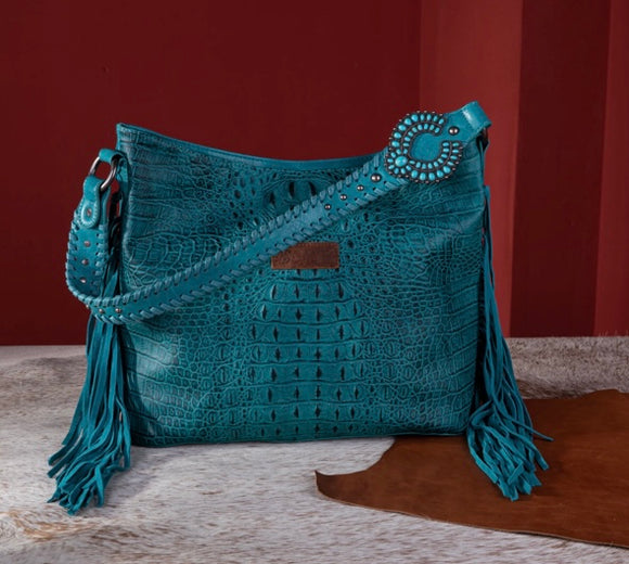 Wrangler Croc Embossed Whipstitch Concealed Carry Hobo - Turquoise