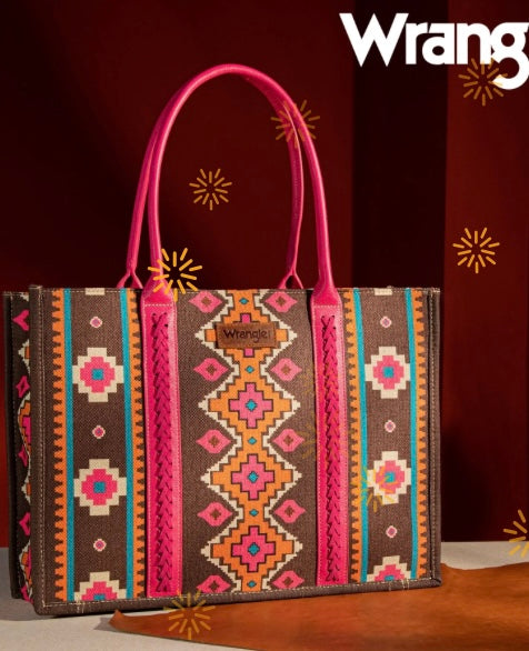 Wrangler Southwestern Pattern Dual Sided Print Canvas Wide Tote Hot Pink