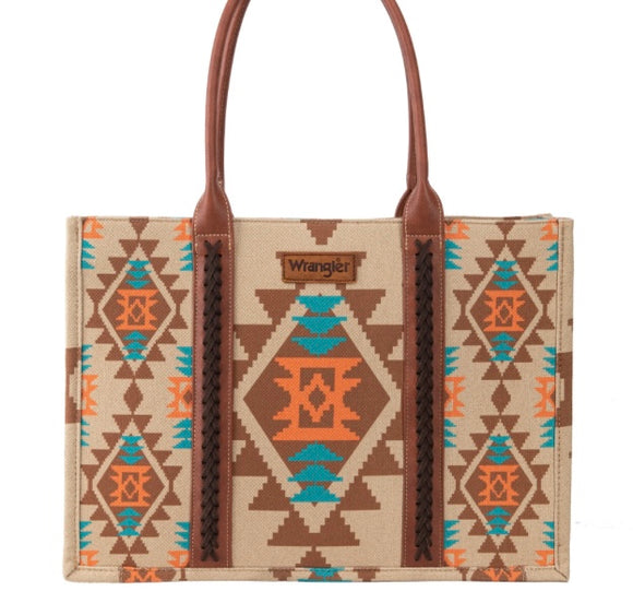 Wrangler Southwestern Pattern Dual Sided Print Canvas Wide Tote Tan