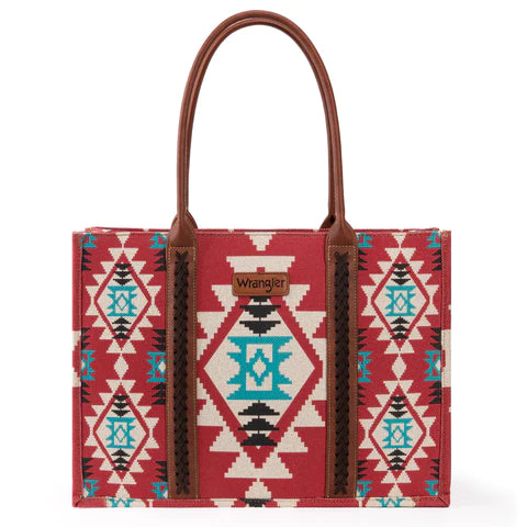 Wrangler Southwestern Pattern Dual Sided Print Canvas Wide Tote Burgandy