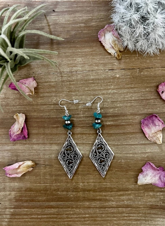 Detail diamond shape earrings real turquoise and Navajos