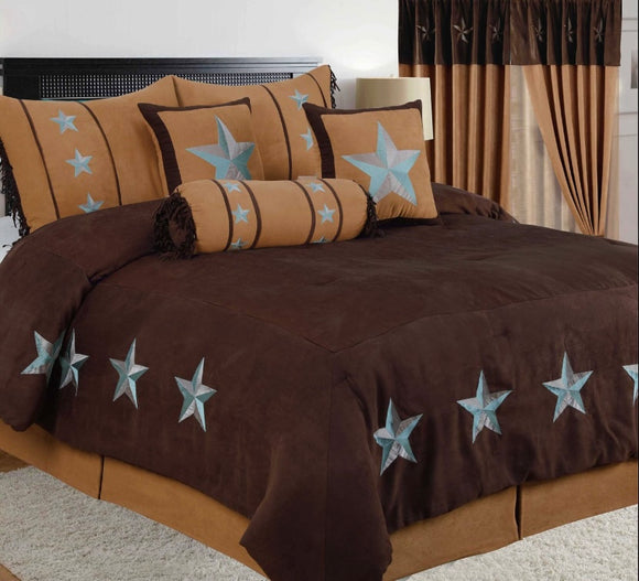 7pc Rustic Star Turquoise & Brown Comforter Set