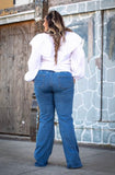 L & B Apparel Shop/Women's Plus/Plus Jeans/Light Wash Flare Jeans With Lace And Stars Cowhide Detail Plus Size