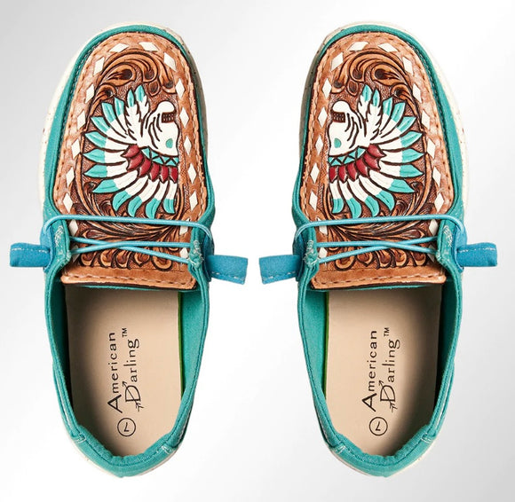 American Darling Tooled Leather Shoes Indian Head Turquoise