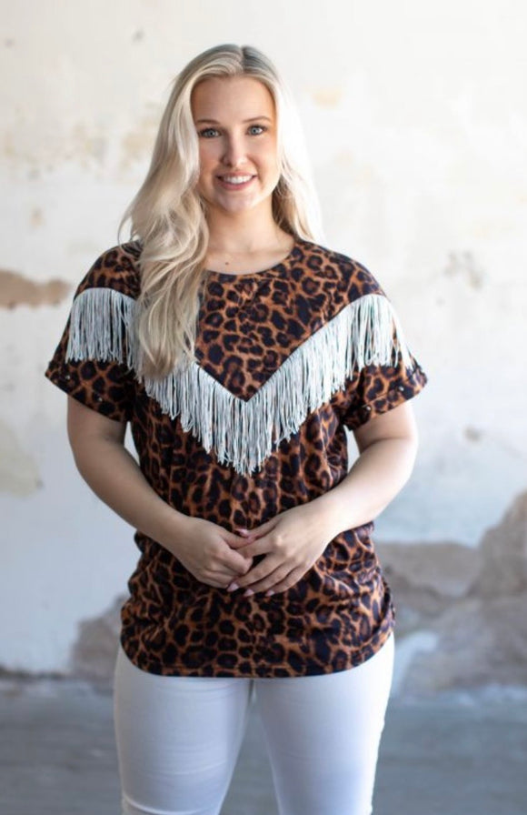 L & B Apparel Amber Leopard Western Tee With Cream Fringe and Studs