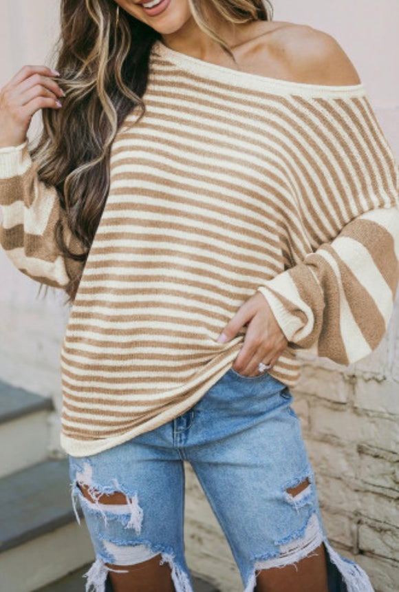 Tan Striped Puff Sleeve Mixed Strips Sweater
