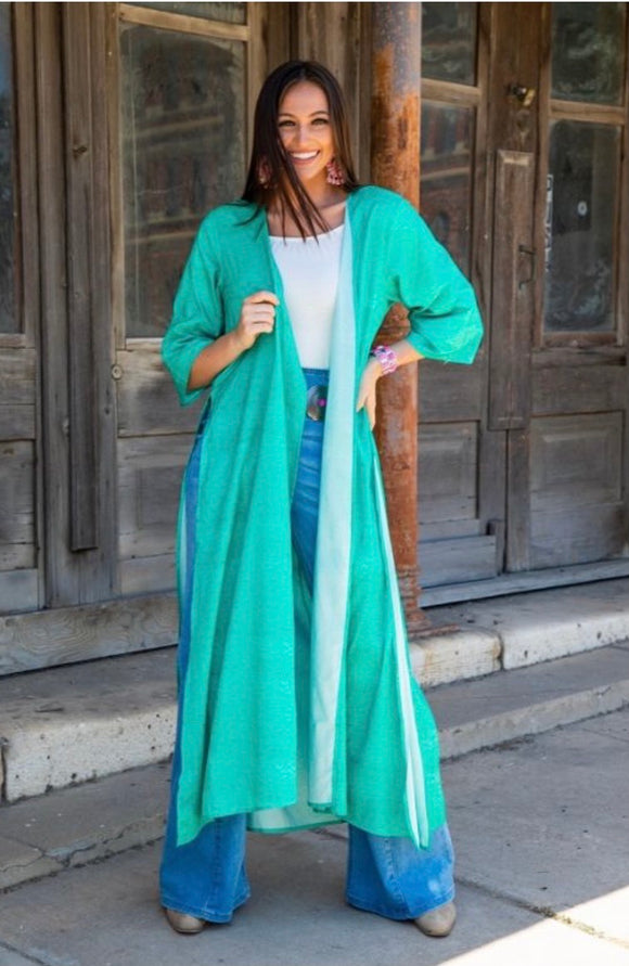 L & B Apparel Ostrich Print Smooth Turquoise Long Duster With Side Slits