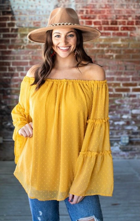 L & B Apparel Mustard Off the Shoulder Blouse with Ruffle Sleeves