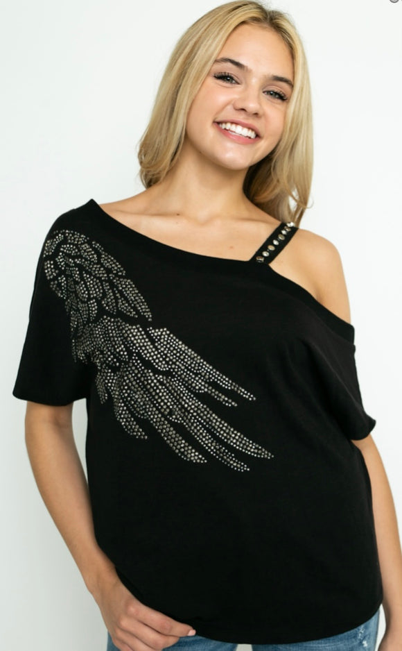 Cold Shoulder Top With Wings And Bling