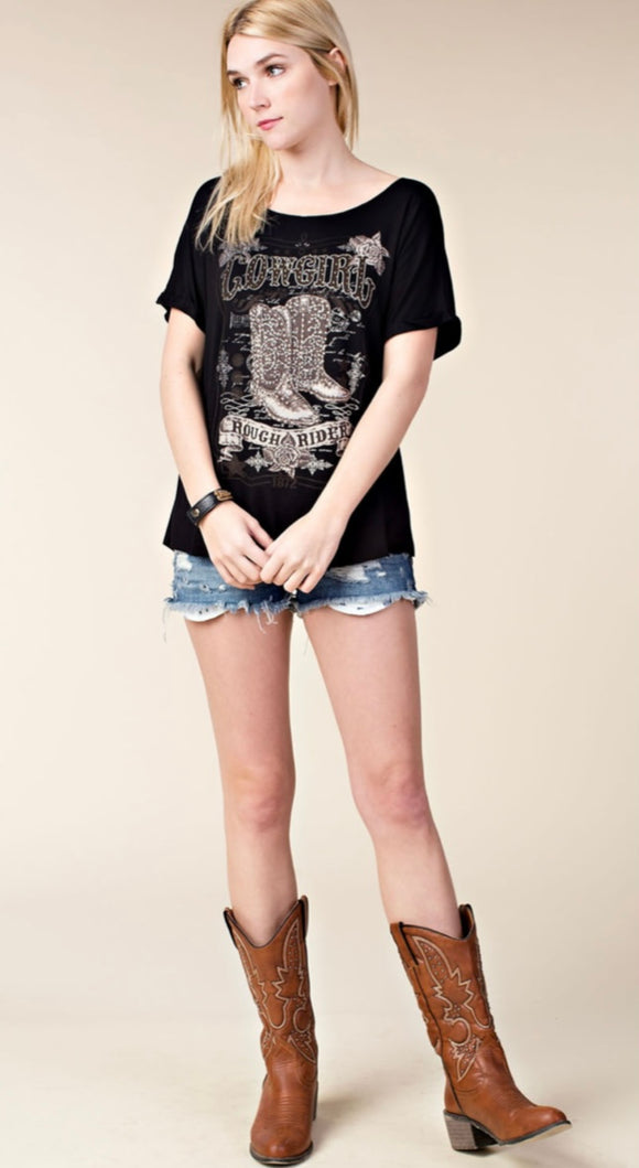 Laser Cut Short Sleeve Top with Cowboy Boots