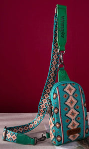 Wrangler Aztec Print Crossbody Sling Chest Bag - Turquoise